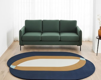 Hand Tufted Wool Rug, Mid Century Modern Abstract Arch, Blue Mustard Geometric Carpet