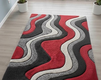 Modern Shaggy Rug – Red Black Grey Abstract Wave Carpet, Plush Living Room Area Rug