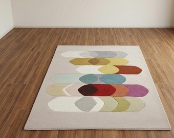 Mid-Century Modern Geometric Area Rug | Hand Tufted Wool Rug | Abstract Colorful Retro Carpet for Living Room Bedroom | Custom Size Rug