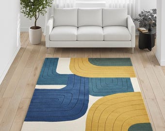 Hand Tufted Wool Rug, Mid Century Modern Abstract Arch, Blue Mustard Geometric Carpet