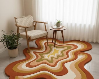 Hand-Tufted Wool Wavy Rug | Burnt Orange Groovy Abstract Carpet | Mid Century Modern Irregular Shape Rug | Retro 70s Psychedelic Living Room