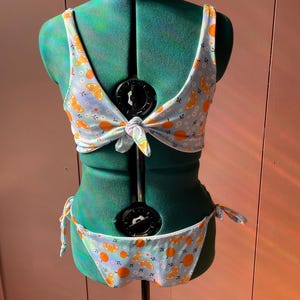 Handmade Bikini Swimsuit S/M Oranges & Blue Daisy Print Women’s Summer Swimwear