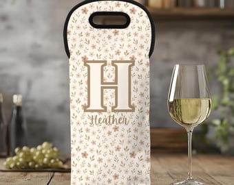 Custom Wine Tote Bag, Personalized Bottle Carrier, Monogram or Initial & Name, Botanical Gift for Newlyweds, Gift for Wine Lover