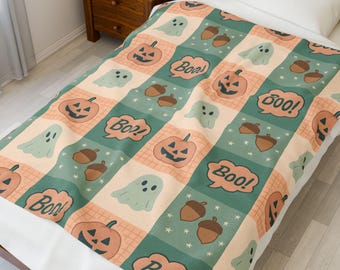 Fall Velveteen Plush Blanket: Spooky Ghost and Pumpkin Throw Blanket