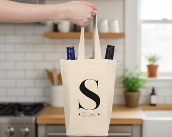 Personalized Double Wine Tote Bag, Monogram Canvas Tote, Custom Wine Bottle Holder, Wine Lover Gift, Gift for Newlyweds