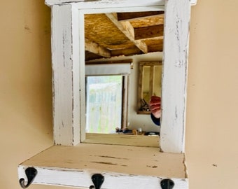 Whitewashed Rustic Mirror with shelf and vintage iron hooks