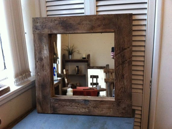 Square Rustic Reclaimed Wooden Mirror Image 0