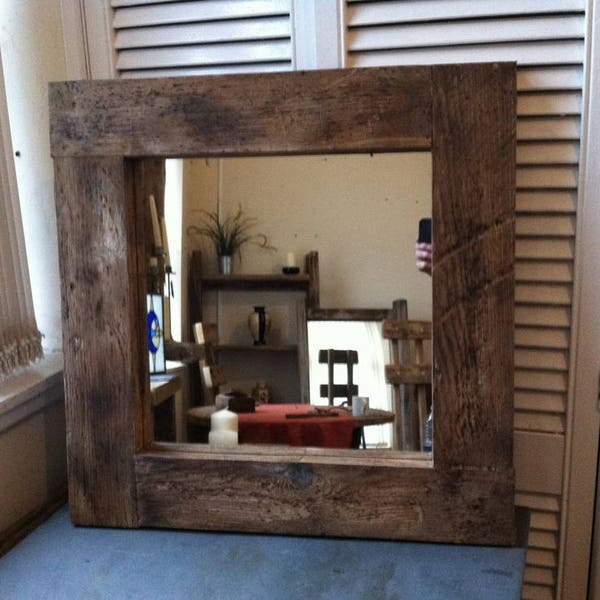 Square rustic reclaimed wooden mirror