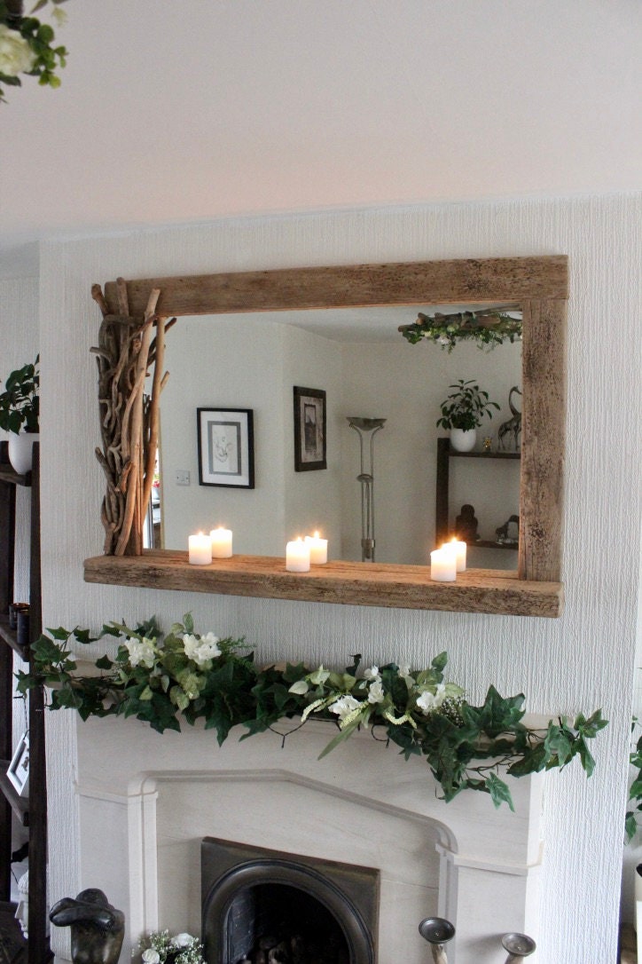 Driftwood Mirror With Candle Shelf and Rustic Decorated Frame - Etsy
