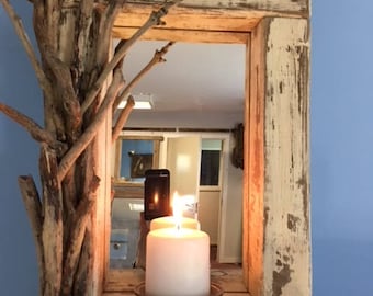 Whitewashed Driftwood Mirror with candle shelf gift idea