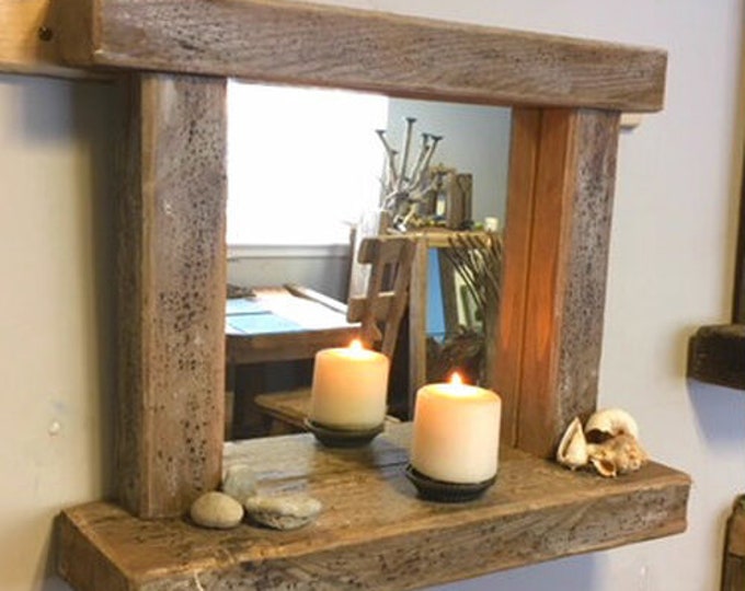 Vintage Wooden Wall Mirror With Shelf Handmade Hanging Wood Etsy