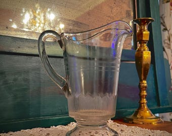 Heavy Early American Pattern Footed Glass Pitcher, Depression Glass, Manganese, Slight Glow