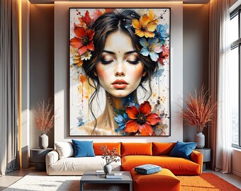 Floral Portrait Matte Canvas Framed | Woman Face Art Print