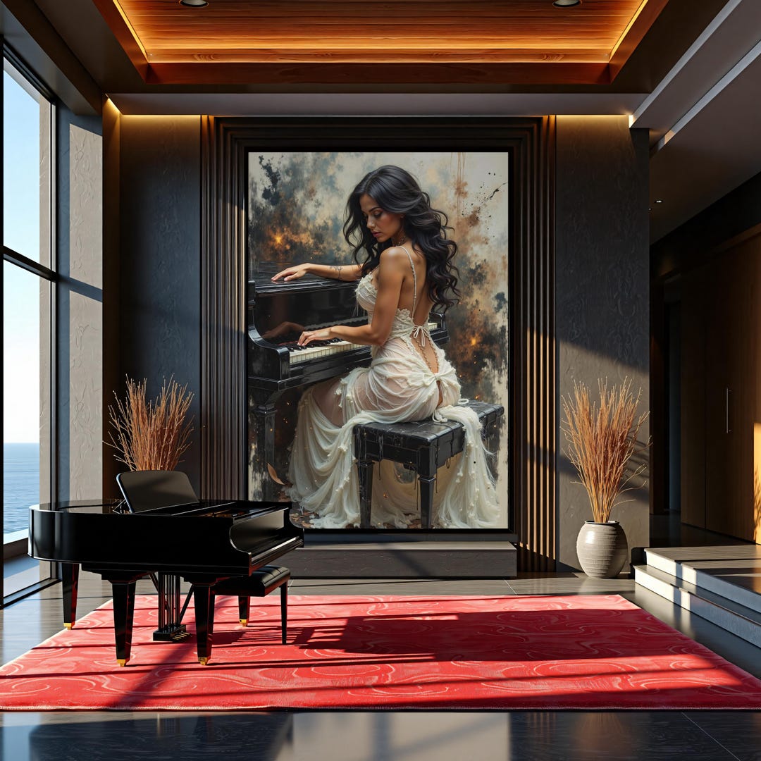 Piano Allure Canvas Art: Sensual Woman in Sheer Dress, Romantic Wall ...