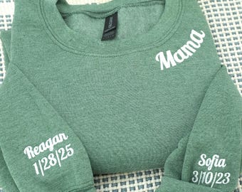 Custom Mama Embroidered Sweatshirt: Personalized Kids Names Sleeve, Mom Gift