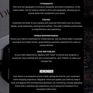 May include: A black graphic with white text offering e-commerce advice. The text covers typography, footers, mobile responsiveness, and saving/publishing. The image also features the words "PASSIVE INCOME" and "SHOPIFY".