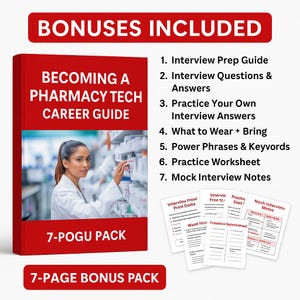 May include: A red book titled "Becoming a Pharmacy Tech Career Guide" with a photo of a woman in a lab coat. The image includes a list of bonuses, including interview prep and practice worksheets. The text "7-POGU PACK" is also visible.