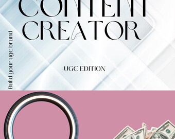 May include: Image features the text "THE PAID CONTENT CREATOR" with "UGC EDITION" below it. A ring light and a bag of money are in the foreground against a pink background. The text "Build your ugc brand" is on the left side.