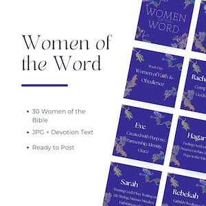 May include: A collection of blue square cards with floral designs and text. The cards feature the title "Women of the Word" and include topics like "Eve" and "Sarah". The image also includes the text "30 Women of the Bible".
