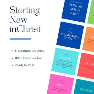 May include: A digital product titled "Starting New in Christ" with 31 scripture graphics, JPG files, and devotion text. The image features colorful square cards with scripture references and text, including "The Foundations of Faith."