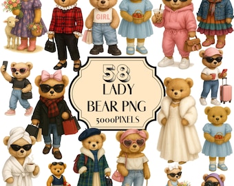 Teddy Bear Clipart, Preppy Bear PNG Bundle , Digital Download, Sublimation, DTF Transfer
