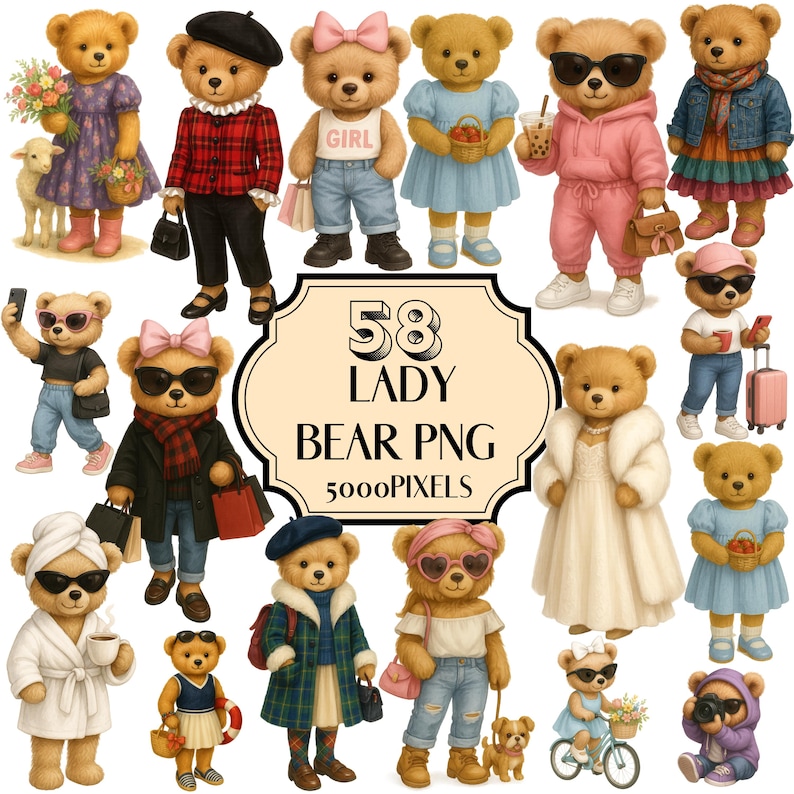 K&ouml;nnte beinhalten: Eine Sammlung von 58 Lady-B&auml;r-PNG-Bildern, die jeweils einen Teddyb&auml;ren in verschiedenen Outfits und Posen zeigen. Die B&auml;ren tragen Sonnenbrillen, Kleider und Accessoires, mit einem zentralen Banner mit der Aufschrift "58 LADY BEAR PNG 5000 PIXELS."