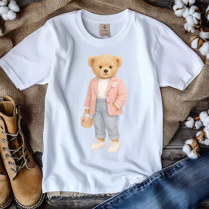 K&ouml;nnte beinhalten: Wei&szlig;es T-Shirt mit einer Aquarellillustration eines Teddyb&auml;ren, der einen rosa Blazer, eine graue Hose und wei&szlig;e Turnschuhe tr&auml;gt. Der B&auml;r h&auml;lt einen kleinen Korb. Das Shirt hat einen Rundhalsausschnitt und ein kleines Etikett am Halsausschnitt.