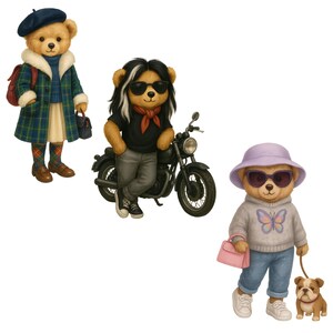 K&ouml;nnte beinhalten: Drei Teddyb&auml;ren in verschiedenen Outfits. Einer tr&auml;gt einen karierten Mantel, eine Baskenm&uuml;tze und tr&auml;gt einen Rucksack und eine Handtasche. Ein anderer B&auml;r ist in einem schwarzen Hemd und einer Sonnenbrille gekleidet und steht neben einem Motorrad. Der dritte B&auml;r tr&auml;gt einen Pullover, Jeans, eine Sonnenbrille und einen Hut und f&uuml;hrt einen Hund aus.