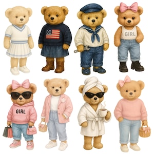 K&ouml;nnte beinhalten: Aquarellillustration von acht Teddyb&auml;ren in verschiedenen Outfits. Die B&auml;ren tragen Kleidung wie einen Matrosenanzug, einen Pullover mit amerikanischer Flagge und einen rosa Kapuzenpullover mit dem Wort "GIRL". Einige B&auml;ren tragen Sonnenbrillen und Accessoires.