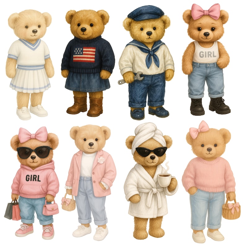 K&ouml;nnte beinhalten: Aquarellillustration von acht Teddyb&auml;ren in verschiedenen Outfits. Die B&auml;ren tragen Kleidung wie einen Matrosenanzug, einen Pullover mit amerikanischer Flagge und einen rosa Kapuzenpullover mit dem Wort "GIRL". Einige B&auml;ren tragen Sonnenbrillen und Accessoires.