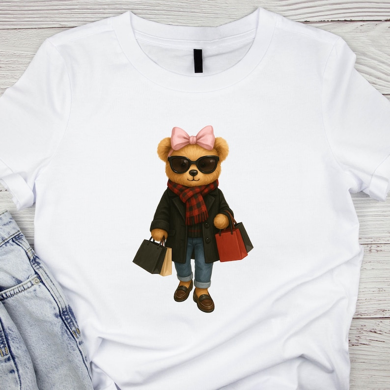 K&ouml;nnte beinhalten: Wei&szlig;es T-Shirt mit einem Cartoon-B&auml;ren, der eine Sonnenbrille, eine rosa Schleife, einen Schal, einen schwarzen Mantel und Jeans tr&auml;gt. Der B&auml;r h&auml;lt Einkaufstaschen, was auf ein Shopping-Thema hindeutet.