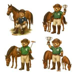 May include: Four illustrations of teddy bears playing polo. The bears are wearing polo shirts, riding boots, and helmets. They are holding polo mallets and trophies, and are posed with brown horses. The bears are in various poses, including sitting and standing.