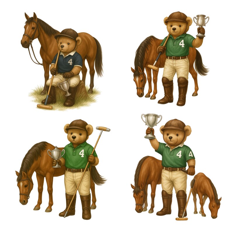 May include: Four illustrations of teddy bears playing polo. The bears are wearing polo shirts, riding boots, and helmets. They are holding polo mallets and trophies, and are posed with brown horses. The bears are in various poses, including sitting and standing.