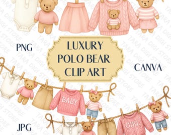 Clipart z misiem, Baby Shower, To dziewczynka, Vintage Preppy, Pobieranie cyfrowe