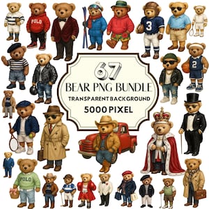 May include: A digital art bundle showcasing 67 bear PNG images. The bears are depicted in diverse outfits, such as sports gear, formal suits, and casual clothing. The image includes the text "67 BEAR PNG BUNDLE TRANSPARENT BACKGROUND 5000 PIXEL".