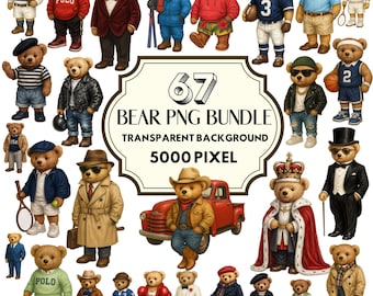 Teddy Bear Clipart, Preppy Bear PNG Bundle , Digital Download, Sublimation, DTF Transfer