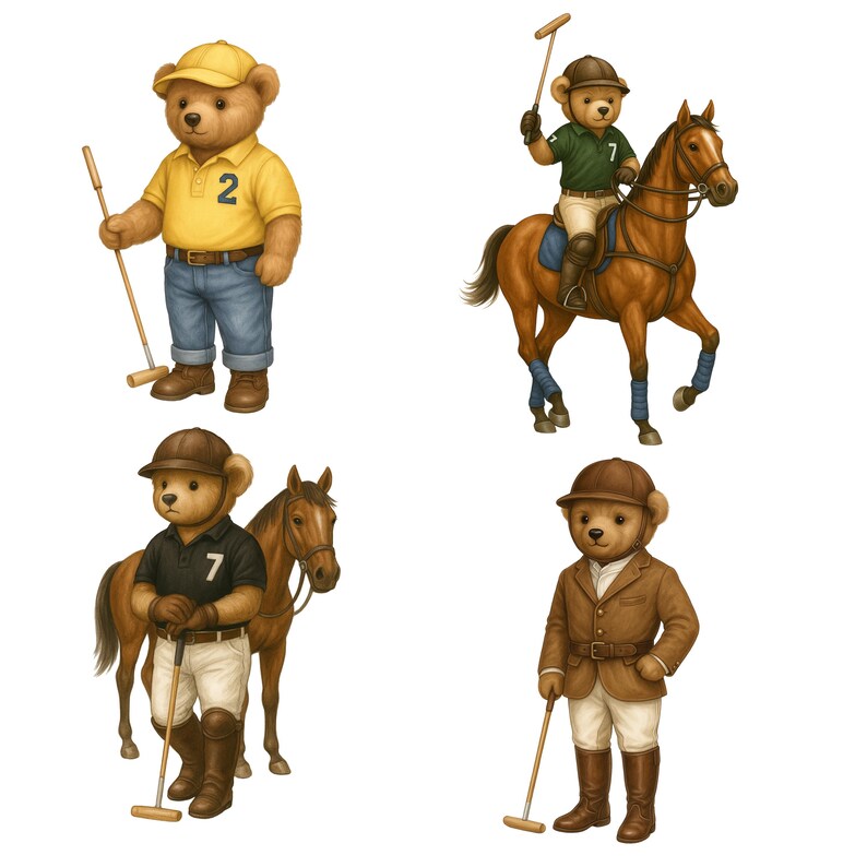May include: Four illustrations of teddy bears in polo outfits. One bear wears a yellow polo shirt and jeans, holding a mallet. Another rides a horse in a green shirt. The other two bears stand near horses, wearing polo shirts and riding boots.