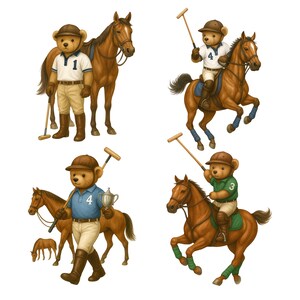 May include: Four illustrations of teddy bears playing polo. The bears are wearing polo shirts and riding brown horses. One bear stands with a horse, another rides a horse, and a third walks with a trophy. The fourth bear rides a horse and swings a mallet.