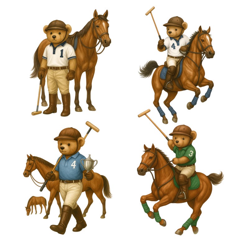 May include: Four illustrations of teddy bears playing polo. The bears are wearing polo shirts and riding brown horses. One bear stands with a horse, another rides a horse, and a third walks with a trophy. The fourth bear rides a horse and swings a mallet.