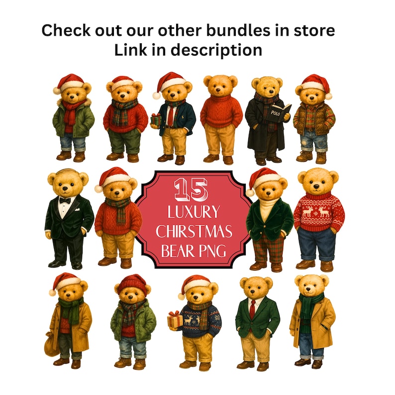 Teddybär-Cliparts, Preppy-Bär-PNG-Bundle, Digitaler Download, Sublimation, DTF-Transfer Bild 6