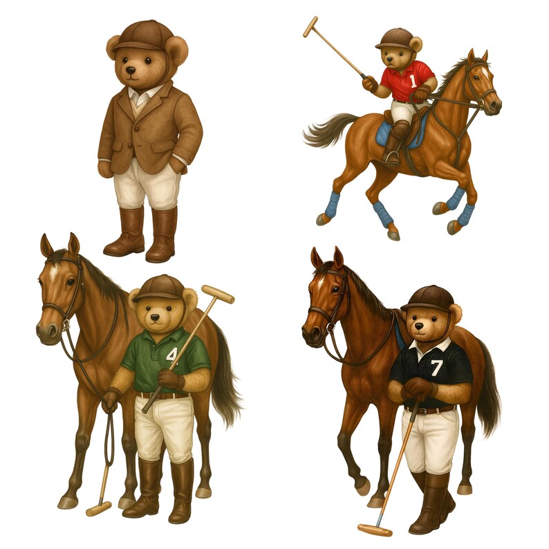 May include: Four illustrations of teddy bears in equestrian attire. One bear stands in a brown jacket and riding boots. Another rides a horse in a red polo shirt. Two bears stand with horses, holding polo mallets, wearing green and black polo shirts.