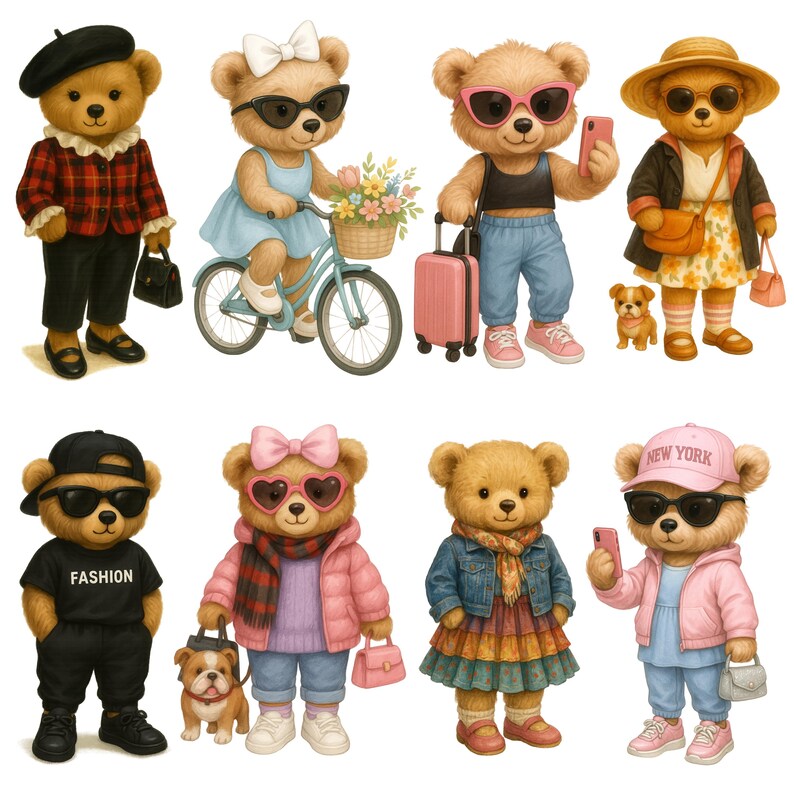 K&ouml;nnte beinhalten: Illustration von acht Teddyb&auml;ren in verschiedenen Outfits und mit Accessoires. Die B&auml;ren tragen Sonnenbrillen, H&uuml;te und tragen Gegenst&auml;nde wie ein Fahrrad, Gep&auml;ck und Handtaschen. Einige B&auml;ren halten Telefone, und einer tr&auml;gt ein T-Shirt mit dem Wort "FASHION."