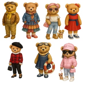 K&ouml;nnte beinhalten: Illustration von acht Teddyb&auml;ren, die verschiedene Outfits und Accessoires tragen. Die B&auml;ren sind in verschiedenen Stilen dargestellt, darunter Jacken, Kleider und H&uuml;te. Einige B&auml;ren werden auch mit Spielzeughunden gezeigt, was ein verspieltes und modisches Thema schafft.