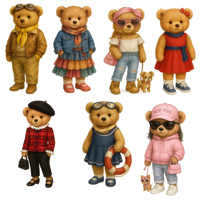 K&ouml;nnte beinhalten: Illustration von acht Teddyb&auml;ren, die verschiedene Outfits und Accessoires tragen. Die B&auml;ren sind in verschiedenen Stilen dargestellt, darunter Jacken, Kleider und H&uuml;te. Einige B&auml;ren werden auch mit Spielzeughunden gezeigt, was ein verspieltes und modisches Thema schafft.
