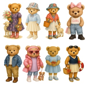 K&ouml;nnte beinhalten: Aquarellillustration von acht Teddyb&auml;ren in verschiedenen Outfits. Die B&auml;ren tragen Kleider, R&ouml;cke, Jeansjacken und Sonnenbrillen. Einige B&auml;ren halten Accessoires wie Blumen, K&ouml;rbe, Einkaufstaschen und eine Schwimmweste. Die B&auml;ren stehen neben L&auml;mmern und einem Hund.