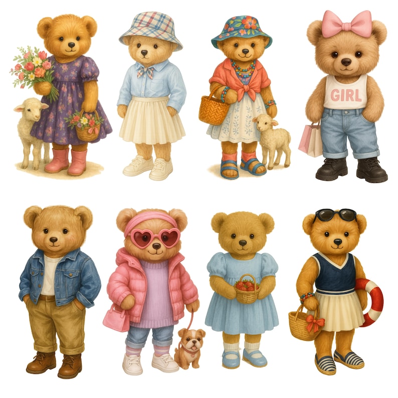 K&ouml;nnte beinhalten: Aquarellillustration von acht Teddyb&auml;ren in verschiedenen Outfits. Die B&auml;ren tragen Kleider, R&ouml;cke, Jeansjacken und Sonnenbrillen. Einige B&auml;ren halten Accessoires wie Blumen, K&ouml;rbe, Einkaufstaschen und eine Schwimmweste. Die B&auml;ren stehen neben L&auml;mmern und einem Hund.