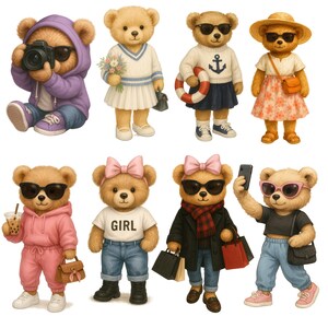 K&ouml;nnte beinhalten: Eine Sammlung von acht Teddyb&auml;ren, die jeweils in verschiedenen Outfits und Sonnenbrillen gekleidet sind. Ein B&auml;r h&auml;lt eine Kamera, ein anderer einen Blumenstrau&szlig;, und andere tragen Accessoires wie Einkaufstaschen und ein Getr&auml;nk. Die B&auml;ren sind in verschiedenen Posen.