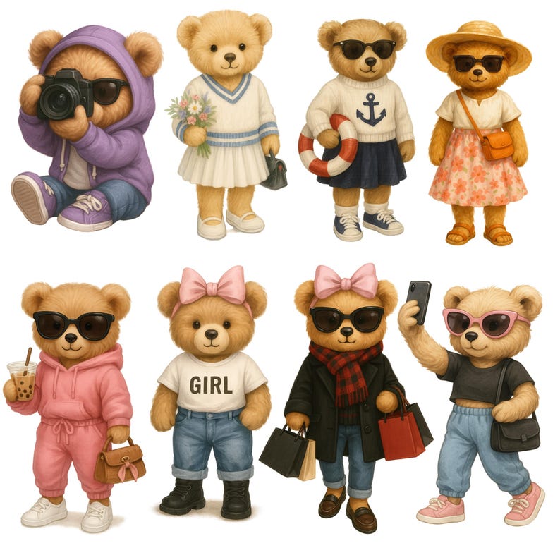 K&ouml;nnte beinhalten: Eine Sammlung von acht Teddyb&auml;ren, die jeweils in verschiedenen Outfits und Sonnenbrillen gekleidet sind. Ein B&auml;r h&auml;lt eine Kamera, ein anderer einen Blumenstrau&szlig;, und andere tragen Accessoires wie Einkaufstaschen und ein Getr&auml;nk. Die B&auml;ren sind in verschiedenen Posen.