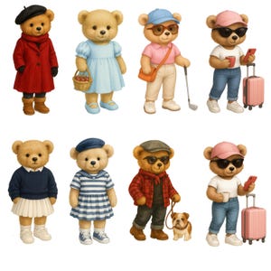K&ouml;nnte beinhalten: Eine Sammlung von acht Teddyb&auml;ren, die jeweils in verschiedenen Outfits und mit Accessoires gekleidet sind. Die B&auml;ren tragen Kleidung wie Kleider, M&auml;ntel und Freizeitkleidung. Einige B&auml;ren halten Gegenst&auml;nde wie einen Golfschl&auml;ger, einen Koffer und einen Hund.