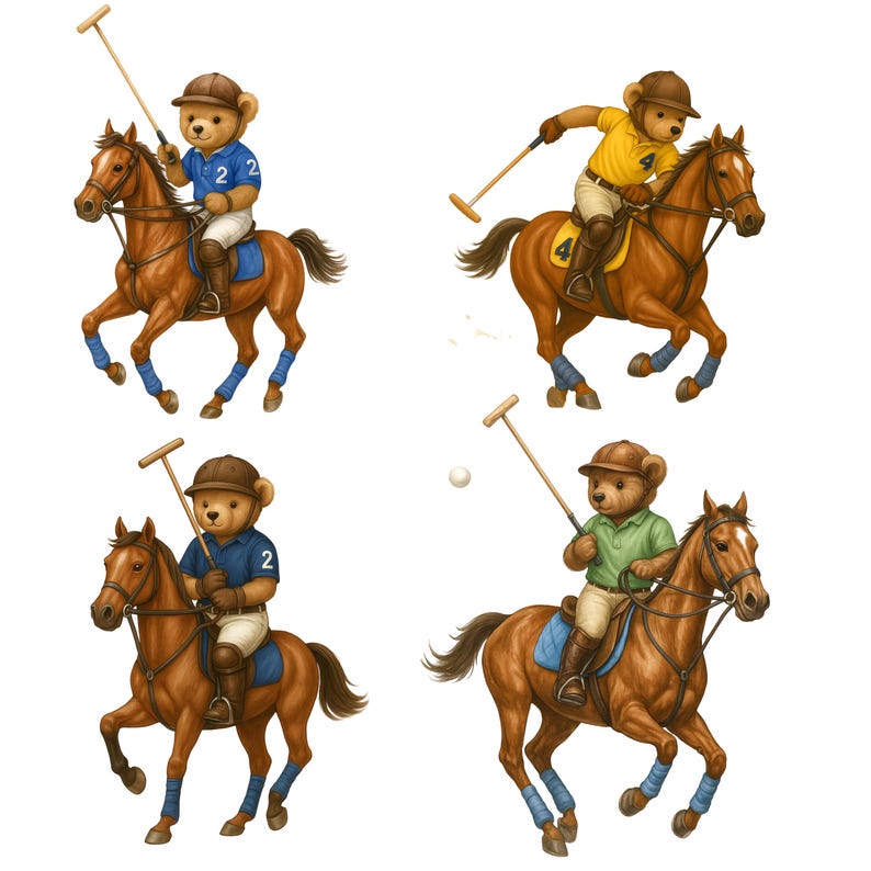 May include: Four illustrations of teddy bears playing polo. Each bear is dressed in polo attire and riding a brown horse. The bears wear helmets and hold polo mallets. The horses have blue leg wraps.